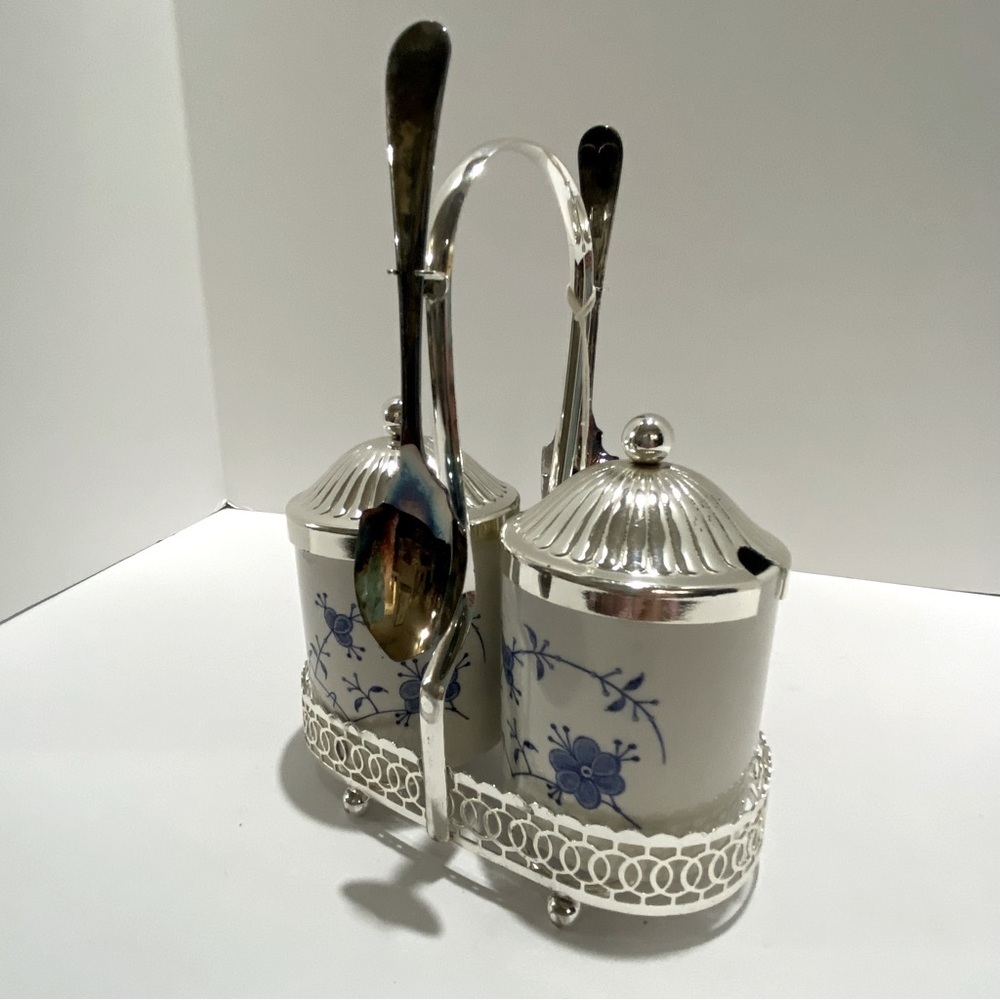 VTG Leonard Silver Sheffield England Condiment Set Blue & White w/Spoons & Stand - Picture 10 of 11